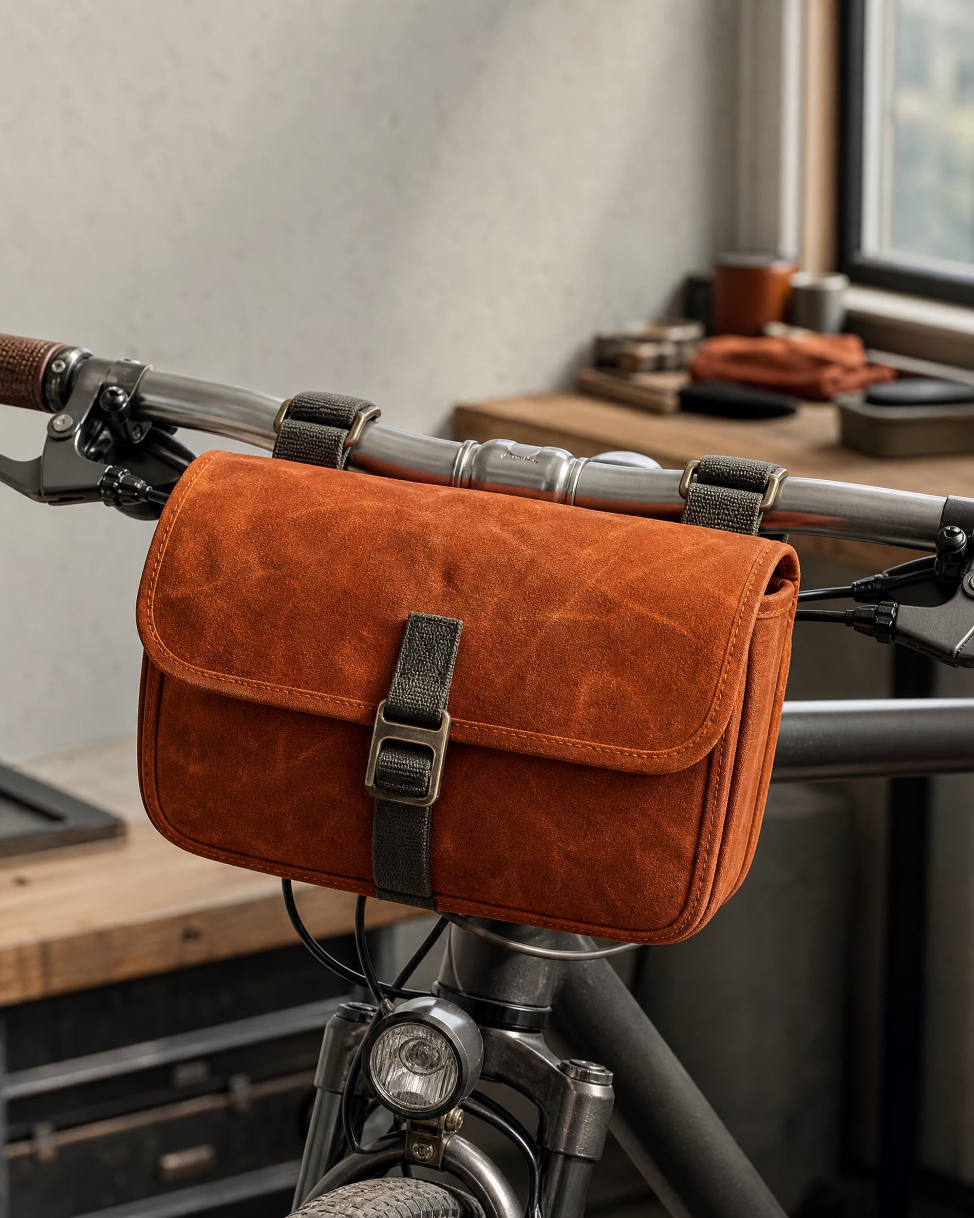 Example product artwork for the fictional Sample product Waxed Canvas Handlebar Pouch.