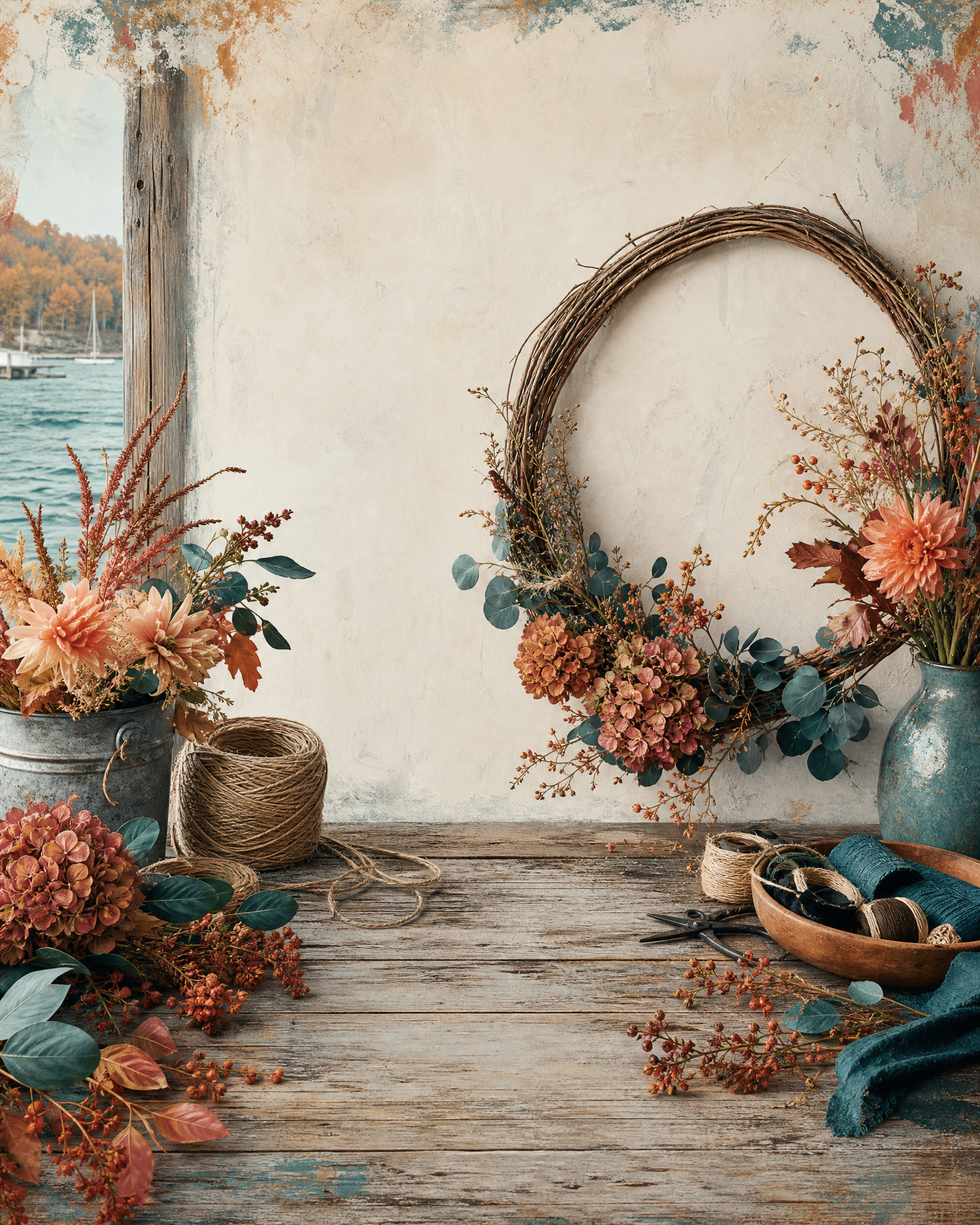 Illustrated flyer artwork for the fictional Sample event Harbor Flowers Autumn Wreath Workshop.